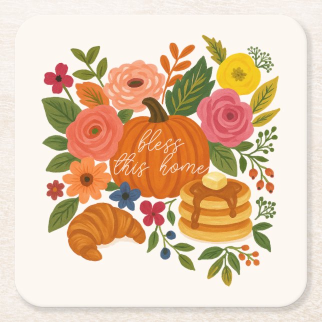 Porta-copo De Papel Quadrado Pumpkin Floral Bless This Home Coaster Fall (Frente)