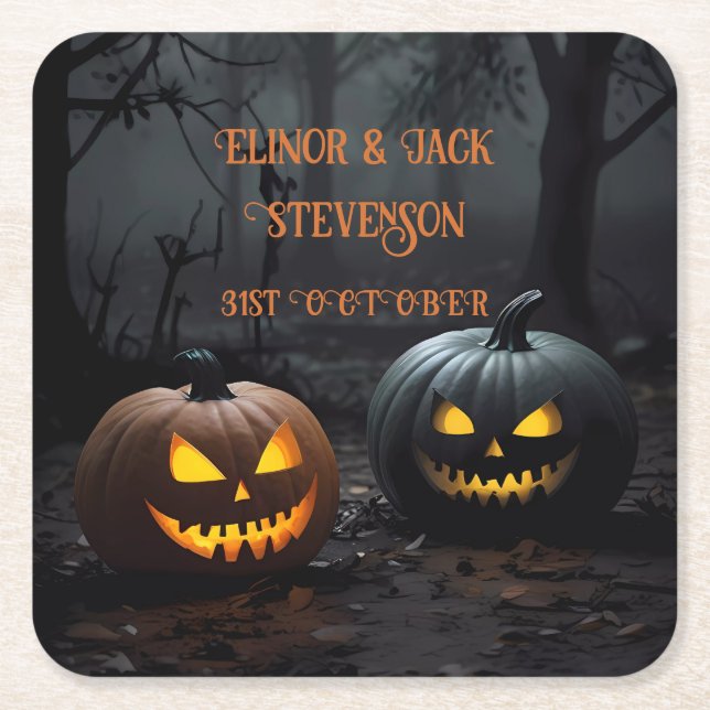 Porta-copo De Papel Quadrado Pumpkins festivo do Halloween e Padrão Floral (Frente)