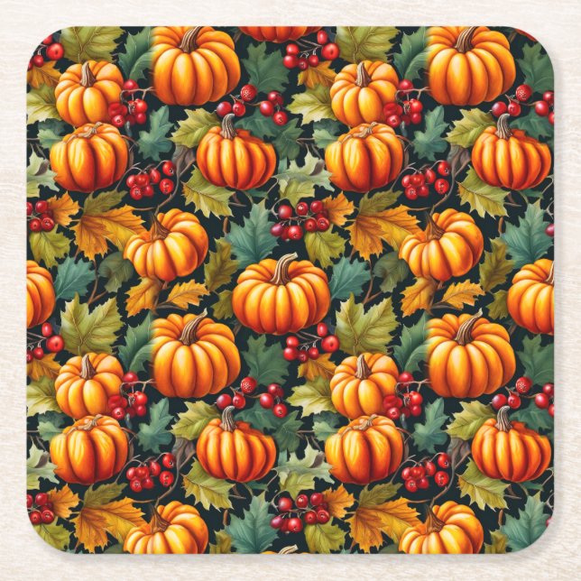Porta-copo De Papel Quadrado Pumpkins nas Folhas com Berries (Frente)