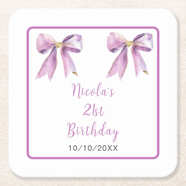 Porta-copo De Papel Quadrado Purple Coquette Bow Birthday Party (Frente)