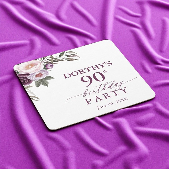 Porta-copo De Papel Quadrado Purple Floral Script 90th Birthday  (Criador carregado)