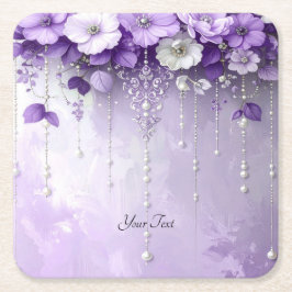 Porta-copo De Papel Quadrado Purple Flowers with Dangling Pearls Paper Coaster