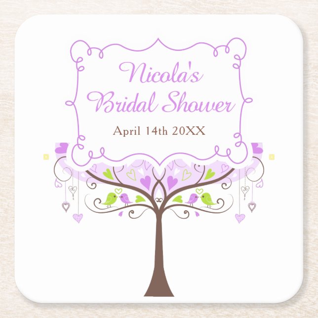 Porta-copo De Papel Quadrado Purple & Green Floral Bird Bridal Shower  (Frente)