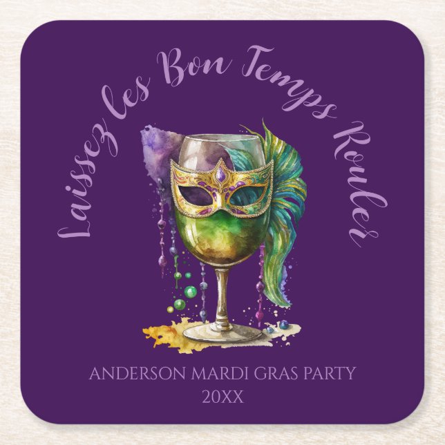 Porta-copo De Papel Quadrado Purple Mardi Gras Mask  (Frente)