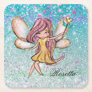 Porta-copo De Papel Quadrado Purpurina Fada Brilho Glitter Azul Dourado Feminin