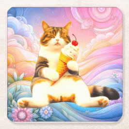 Porta-copo De Papel Quadrado Purrfectly Asleep – Cat Holding Ice Cream Cone