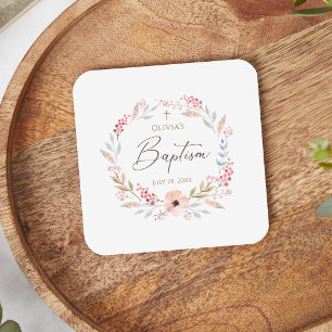 Porta-copo De Papel Quadrado Quadrado de Batismo Floral Rosa Corado para Menina
