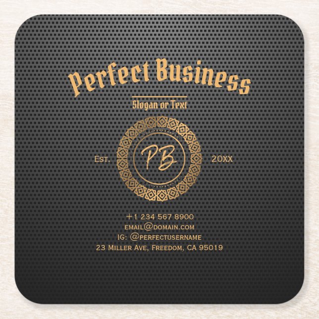 Porta-copo De Papel Quadrado Quadrinhos de luxo preto de quadro Dourado monogra (Frente)