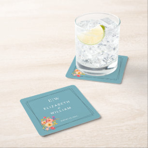 Porta-copo De Papel Quadrado Quadro com Rosas, estilo de casamento em azul retr