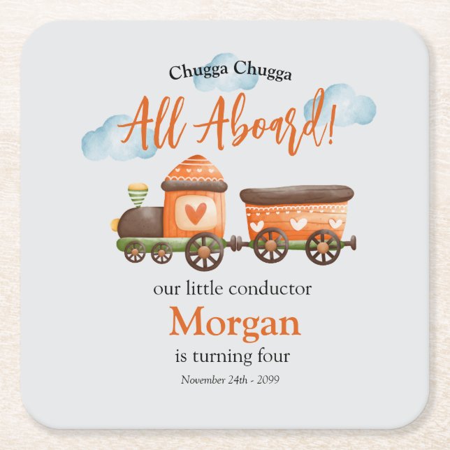 Porta-copo De Papel Quadrado Qualquer Festa de Aniversário Adorável do Comboio (Frente)