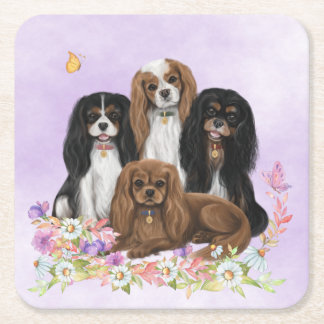 Porta-copo De Papel Quadrado Quatro Cavalier King Charles Spaniels em Flores