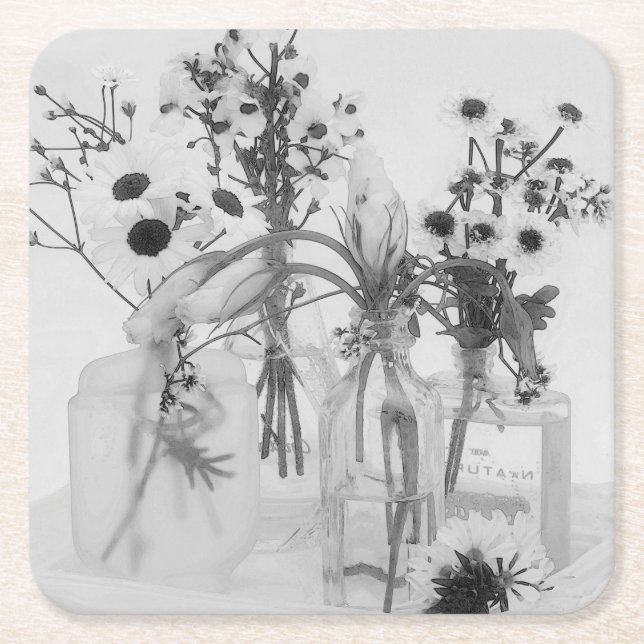 Porta-copo De Papel Quadrado Quatro Frascos E Flores Brancas (Frente)