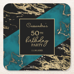 Porta-copo De Papel Quadrado Quic Cyan Marble Foil Dourada Textura Aniversário