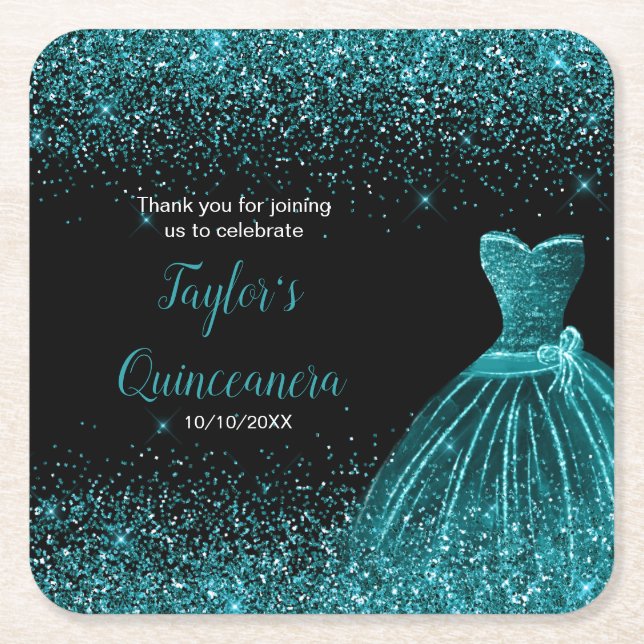 Porta-copo De Papel Quadrado Quinceanera Blue Teal Faux Glitter (Frente)