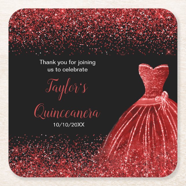 Porta-copo De Papel Quadrado Quinceanera Bright Red Faux Glitter (Frente)