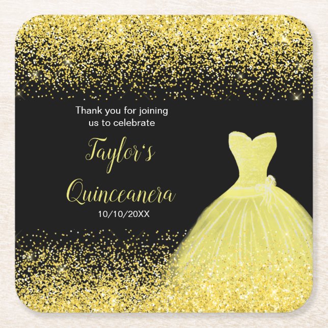 Porta-copo De Papel Quadrado Quinceanera Bright Yellow Faux Glitter (Frente)
