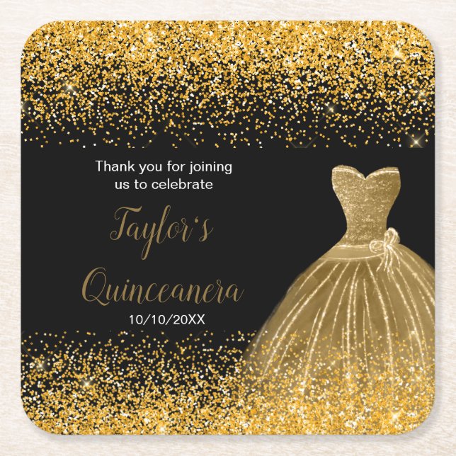 Porta-copo De Papel Quadrado Quinceanera Dourada Faux Glitter (Frente)