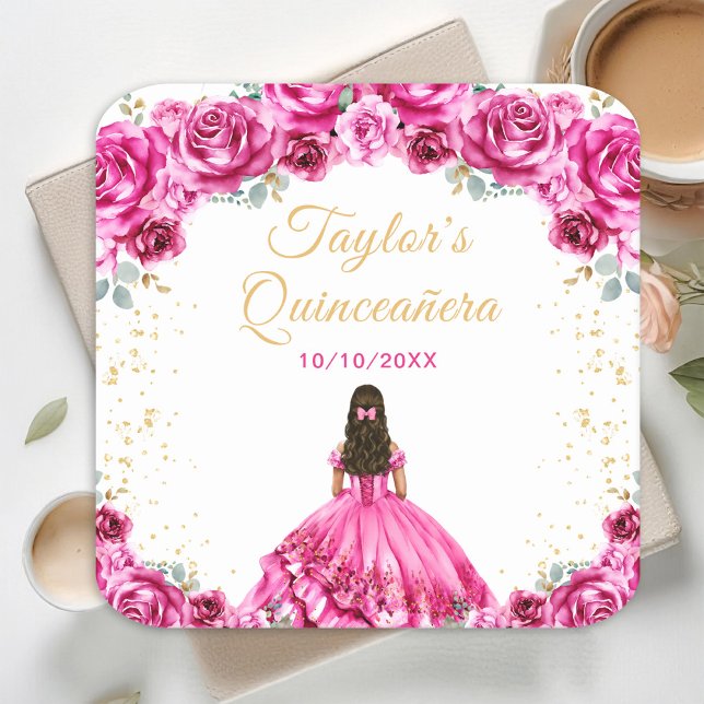 Porta-copo De Papel Quadrado Quinceañera Floral Princesa Rosa Quente (Criador carregado)