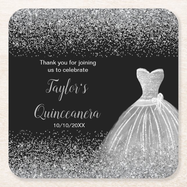 Porta-copo De Papel Quadrado Quinceanera Silver Faux Glitter (Frente)