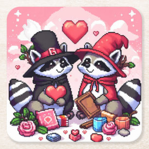 Porta-copo De Papel Quadrado Raccoons em amor com a arte dos pixéis