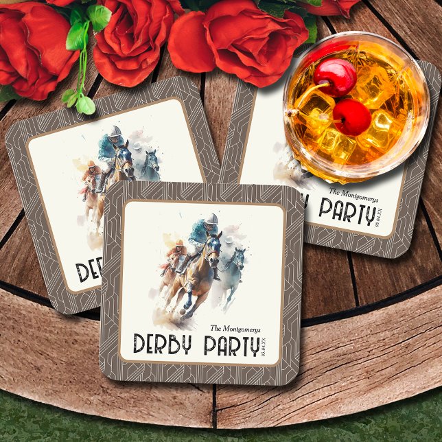 Porta-copo De Papel Quadrado Racecavalo Derby Party Brown (Racehorses and Jockeys Derby Party Brown Square Paper Coasters)