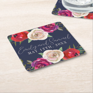 Porta-copo De Papel Quadrado Radial Marinho Floral Azul Borgonha Vermelha