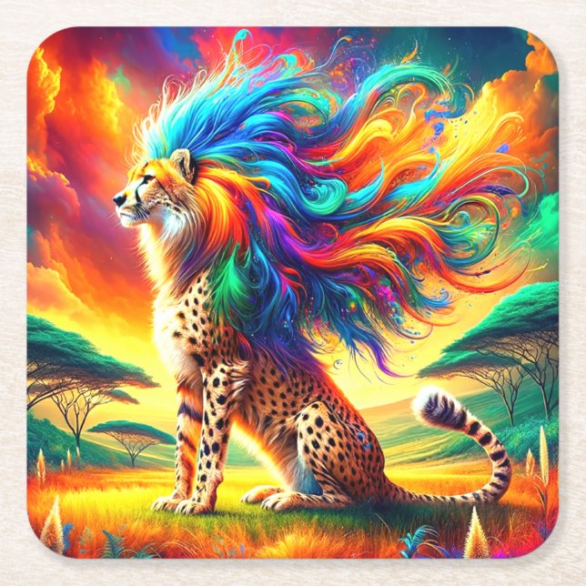 Porta-copo De Papel Quadrado Rainbow Cheetah (Frente)