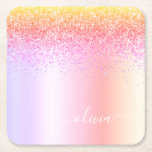 Porta-copo De Papel Quadrado Rainbow Pastel Girly Glitter Metal Monograma Nome<br><div class="desc">Portas copos De Papel De Nome Do Rainbow Pastel Faux Foil Metálico Sparkle Glitter Brugado Metal Monograma. Isso faz a formatura perfeita,  aniversário,  casamento,  chá de panela,  aniversário,  chá de fraldas ou presente de festa de solteira para alguém que ama luxo de vidro e estilos quíticos.</div>