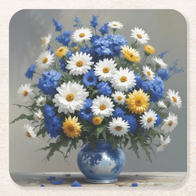 Porta-copo De Papel Quadrado Ramalhete de Flores Aquarela Elegante (Frente)