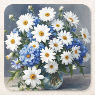 Porta-copo De Papel Quadrado Ramalhete de Flores Elegantes Margaridas Aquarela