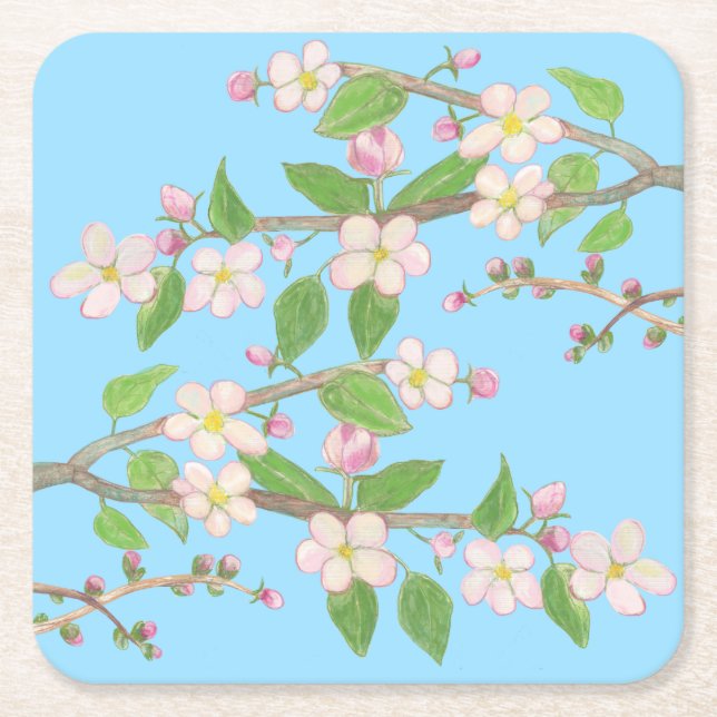 Porta-copo De Papel Quadrado Ramificação da Árvore da Maçã Brilhante Azul (Frente)