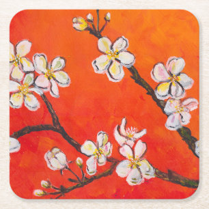 Porta-copo De Papel Quadrado Ramificação da árvore florescente com flores branc