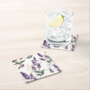 Porta-copo De Papel Quadrado Ramos de Lavanda Aquarela Botânica Floral Roxa