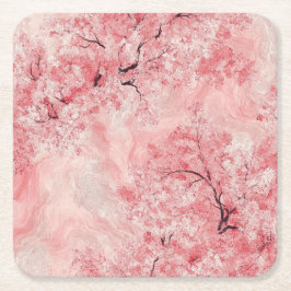 Porta-copo De Papel Quadrado Ramos de Sakura Rosa e Branco em Azul Marinho Pers