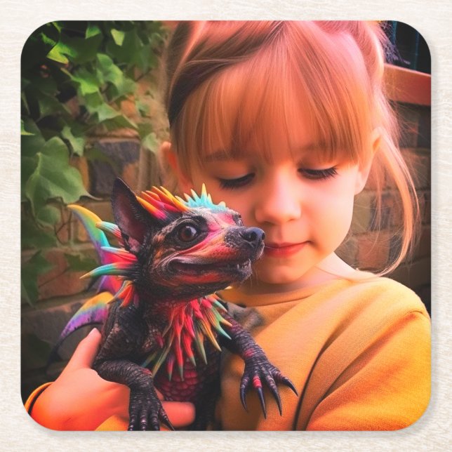 Porta-copo De Papel Quadrado Rapariga com Criatura (Frente)