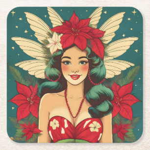 Porta-copo De Papel Quadrado Rapariga de Natal Tropical de Retro