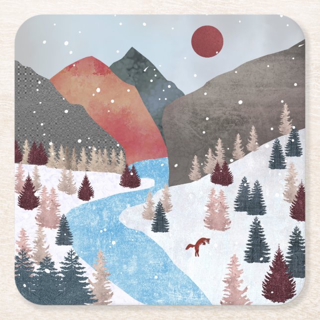 Porta-copo De Papel Quadrado Raposa de caça de inverno (Frente)