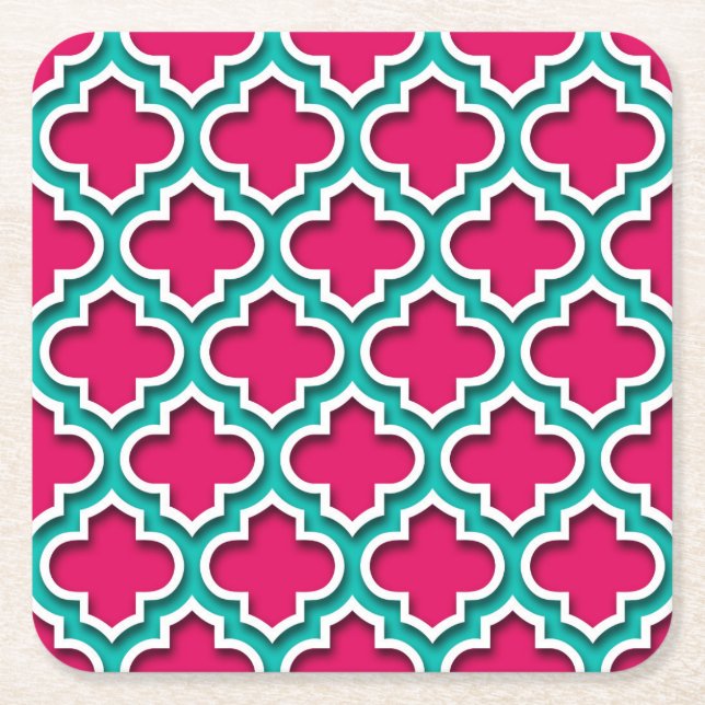 Porta-copo De Papel Quadrado Raspberry Teal White Quatrefoil Marroquino #5DS (Frente)