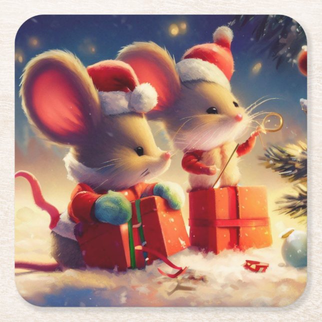 Porta-copo De Papel Quadrado Rato de Natal 3 (Frente)