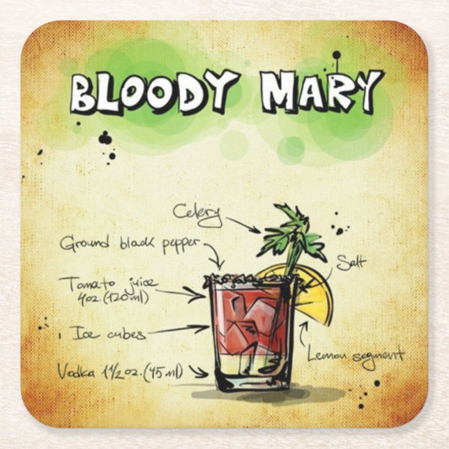 Porta-copo De Papel Quadrado Receita de Bebida Bloody Mary Bartender (Frente)