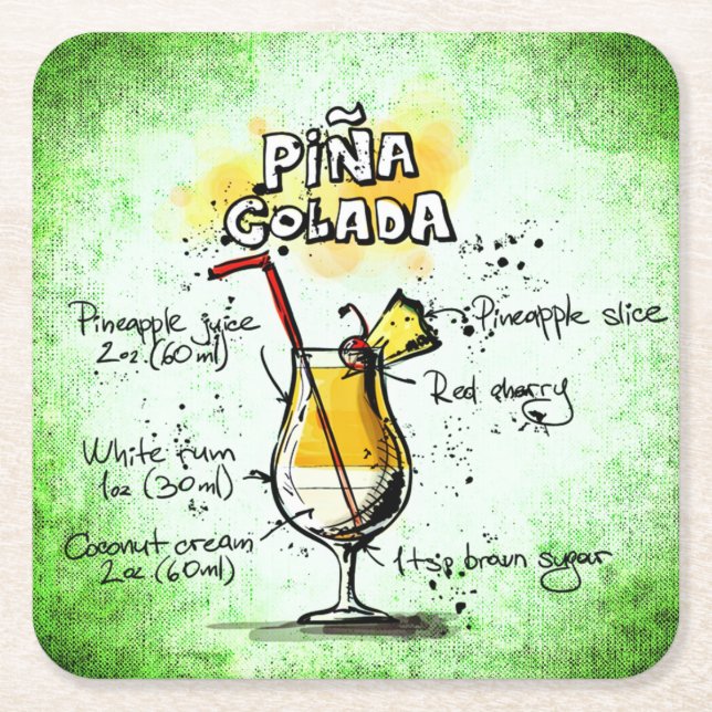 Porta-copo De Papel Quadrado Receita de Bebida Pina Colada (Frente)