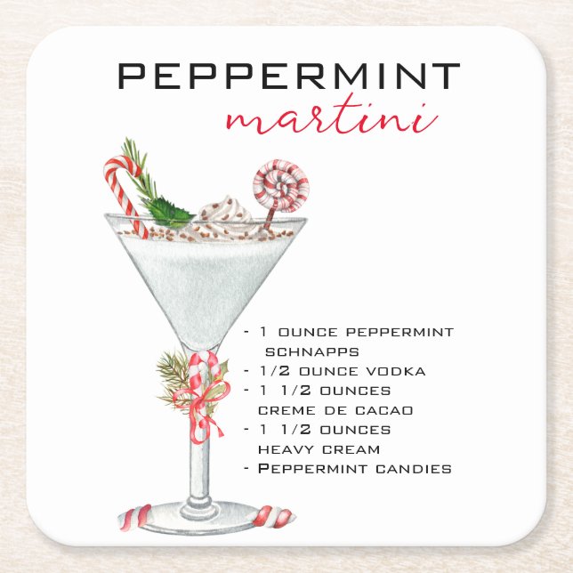 Porta-copo De Papel Quadrado Receita do Cocktail Martini Peppermint de Natal (Frente)