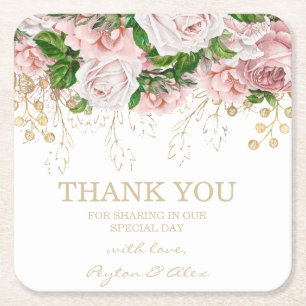 Porta-copo De Papel Quadrado Recepção de Casamento Agradecida Flores Rosa Bege