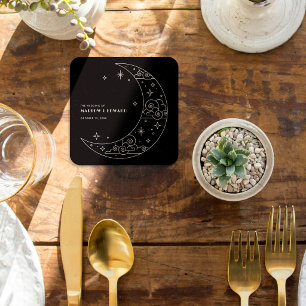 Porta-copo De Papel Quadrado Recepção de Casamento Celestial Black Moon & Stars