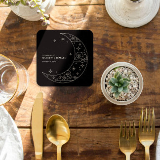Porta-copo De Papel Quadrado Recepção de Casamento Celestial Black Moon & Stars