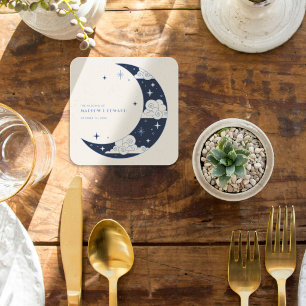 Porta-copo De Papel Quadrado Recepção de Casamento Celestial Lua Azul & Estrela