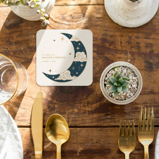 Porta-copo De Papel Quadrado Recepção de Casamento Celestial Lua e Estrelas Tur