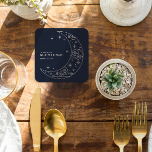 Porta-copo De Papel Quadrado Recepção de Casamento Celestial Navy Lua e Estrela