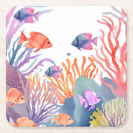 Porta-copo De Papel Quadrado Recife de Coral | Peixes Coloridos Aquarela Oceano