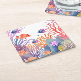 Porta-copo De Papel Quadrado Recife de Coral Subaquático Aquarela